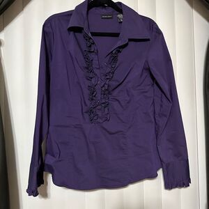 NewYork and Company stretch purple long sleeved , vneck blouse , ruffled front d
